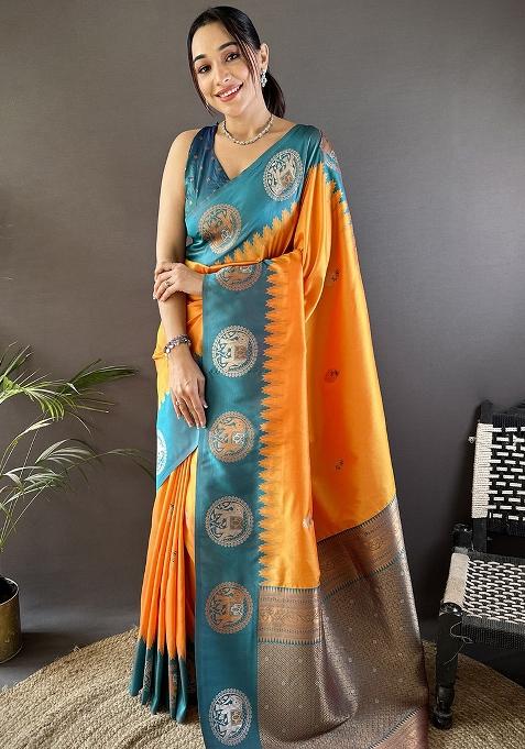 Teal Embroidered Silk Saree Set