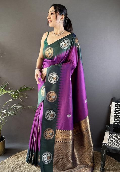 Blue Embroidered Silk Saree Set