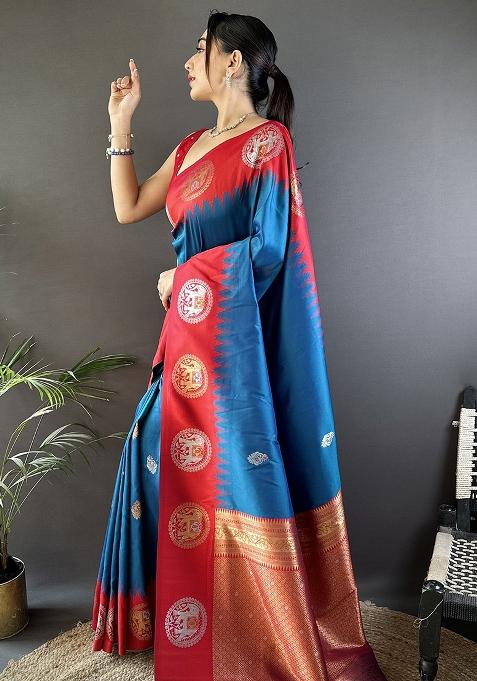 Red Embroidered Silk Blend Saree Set