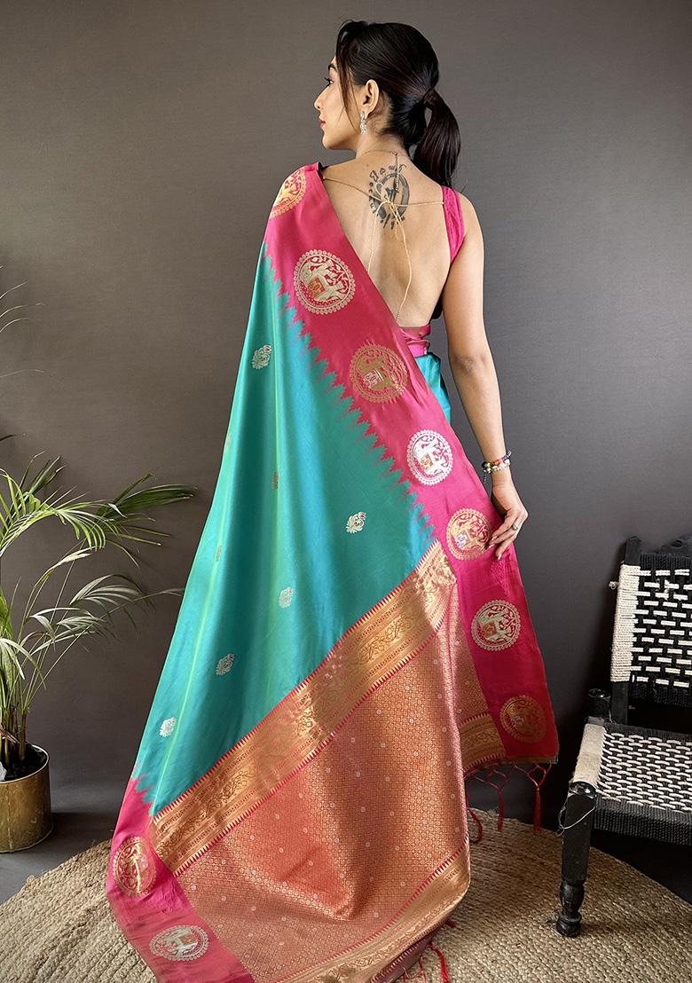 Pink Embroidered Silk Saree Set