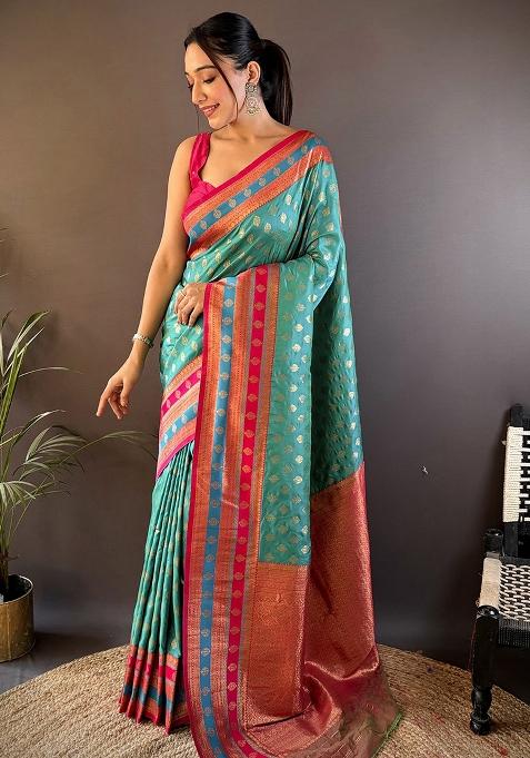 Pink Embroidered Silk Saree Set