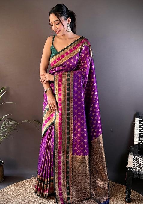 Green Embroidered Silk Saree Set