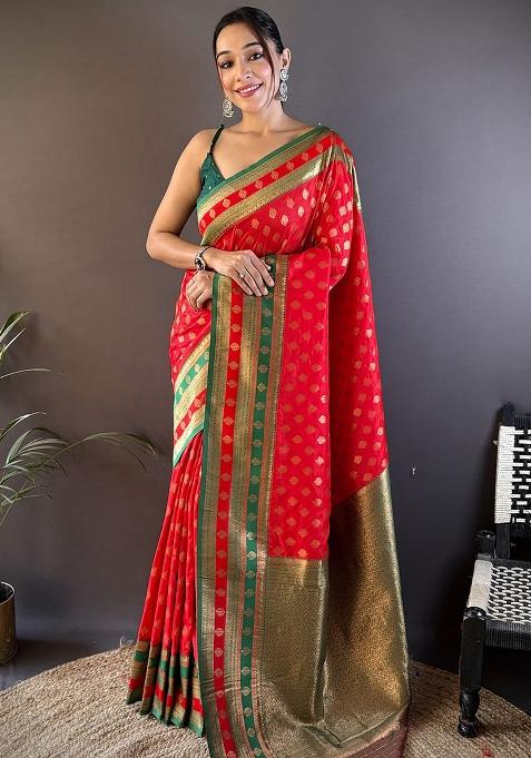 Green Embroidered Silk Saree Set