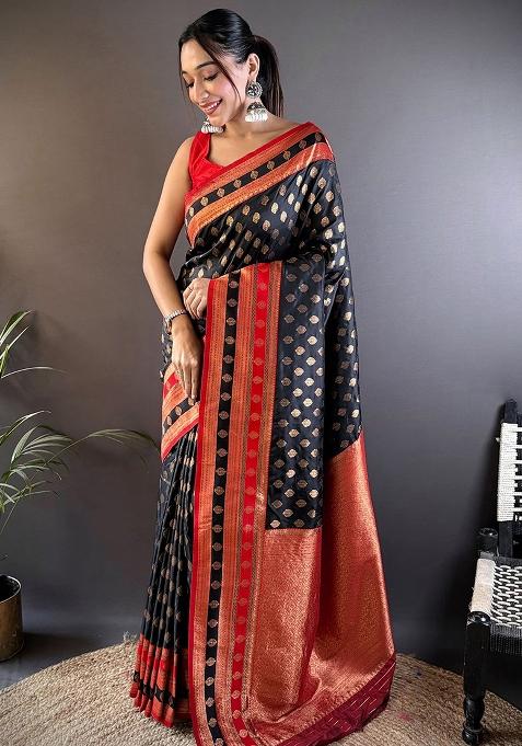 Red Embroidered Silk Saree Set