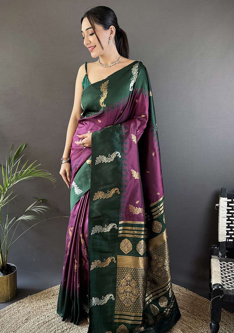 Green Silk Blend Saree Set with Embroidered for Diwali | Wedding & Festive Wear - Indya