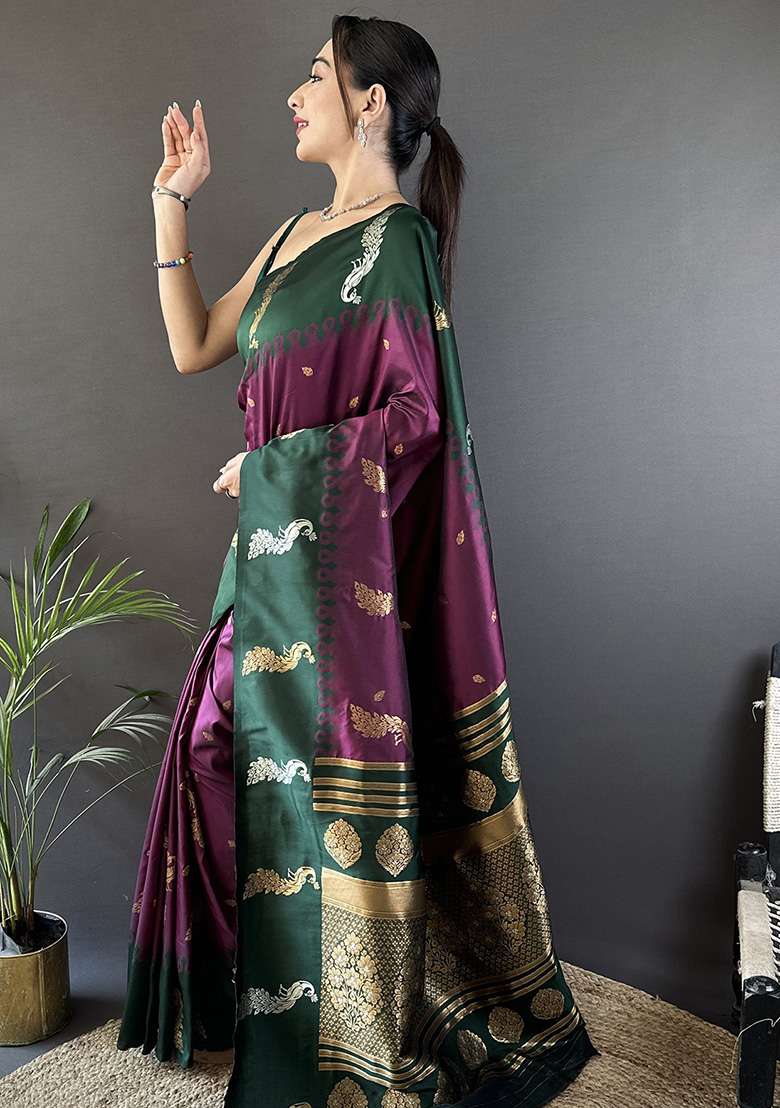 Green Silk Blend Saree Set with Embroidered for Diwali | Wedding & Festive Wear - Indya