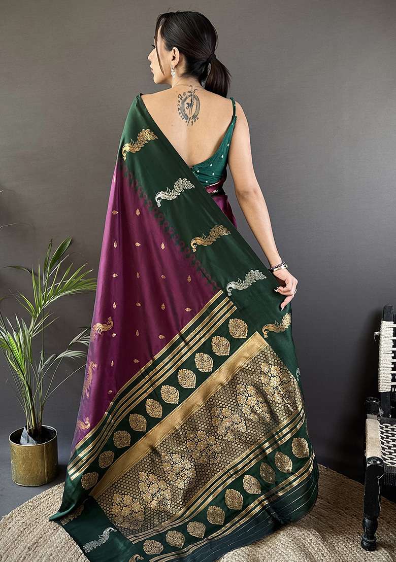 Green Silk Blend Saree Set with Embroidered for Diwali | Wedding & Festive Wear - Indya
