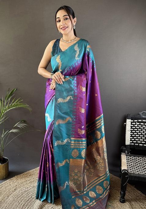 Teal Embroidered Silk Saree Set