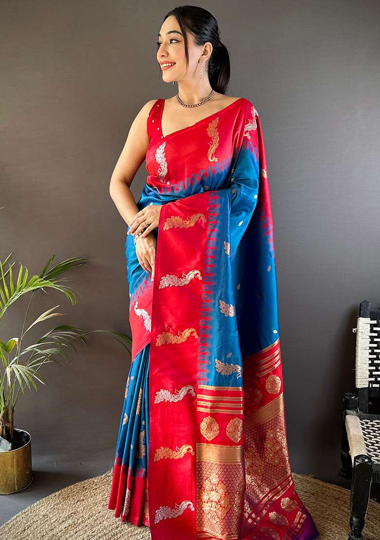 Red Silk Blend Saree Set with Embroidered for Diwali | Wedding & Festive Wear - Indya