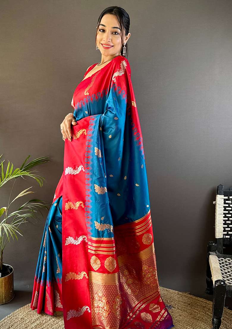 Red Silk Blend Saree Set with Embroidered for Diwali | Wedding & Festive Wear - Indya