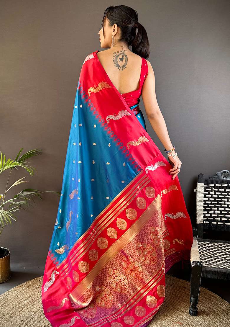 Red Silk Blend Saree Set with Embroidered for Diwali | Wedding & Festive Wear - Indya