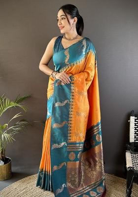 Teal Embroidered Silk Saree Set