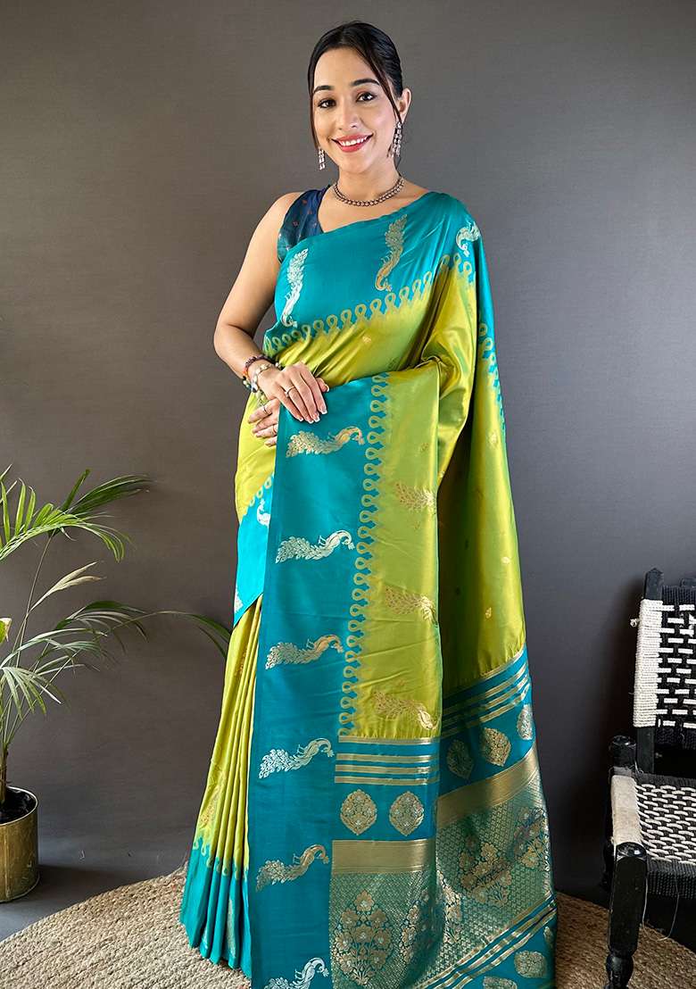 Teal Embroidered Silk Blend Saree Set - Indya
