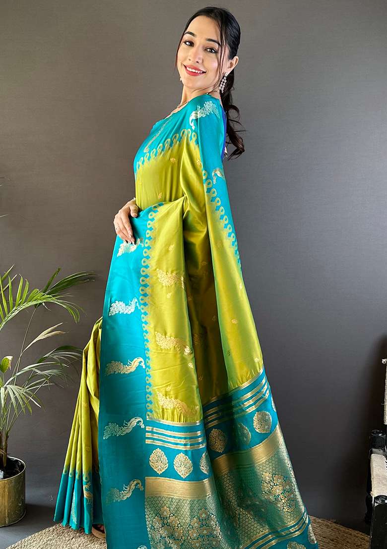 Teal Embroidered Silk Blend Saree Set - Indya