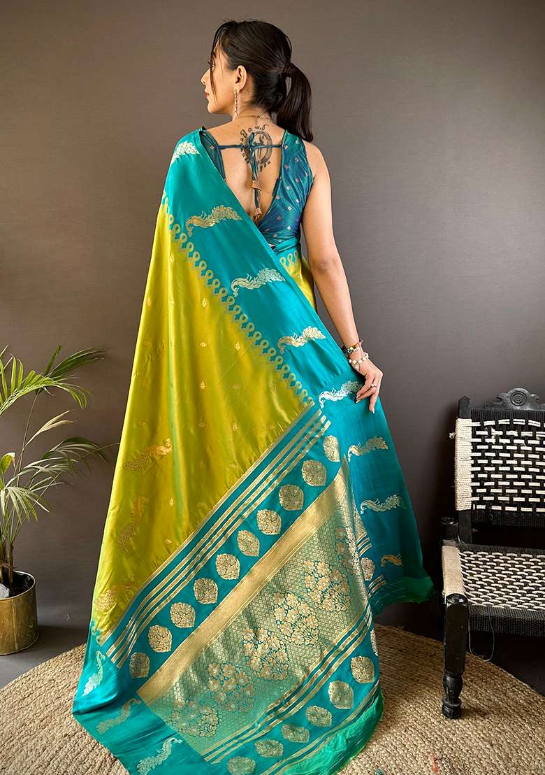 Teal Embroidered Silk Blend Saree Set - Indya