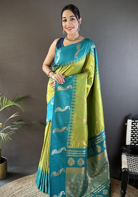 Teal Embroidered Silk Saree Set