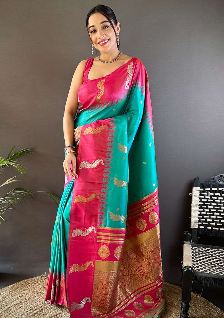Pink Embroidered Silk Blend Saree Set for Diwali and Festive Wear - Indya