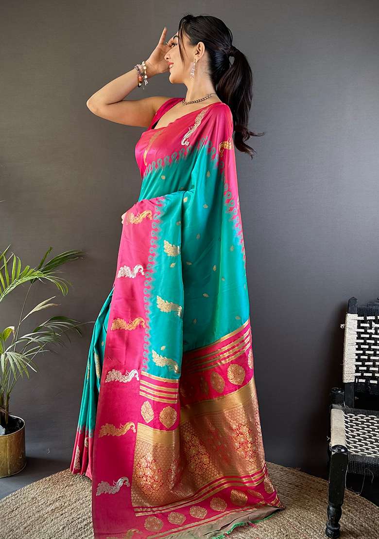 Pink Embroidered Silk Blend Saree Set for Diwali and Festive Wear - Indya