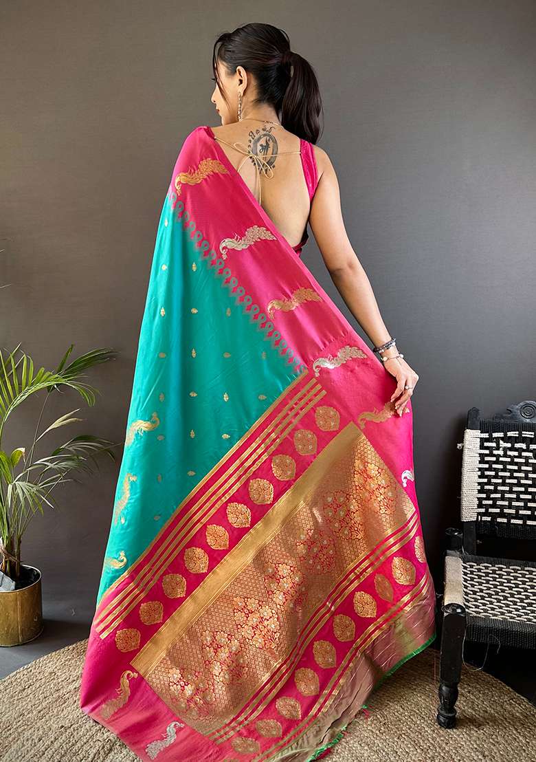 Pink Embroidered Silk Blend Saree Set for Diwali and Festive Wear - Indya