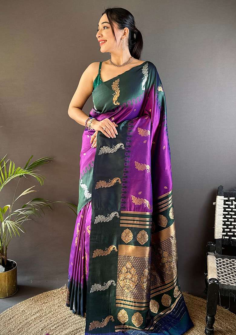 Green Embroidered Silk Blend Saree Set for Diwali and Festive Wear - Indya
