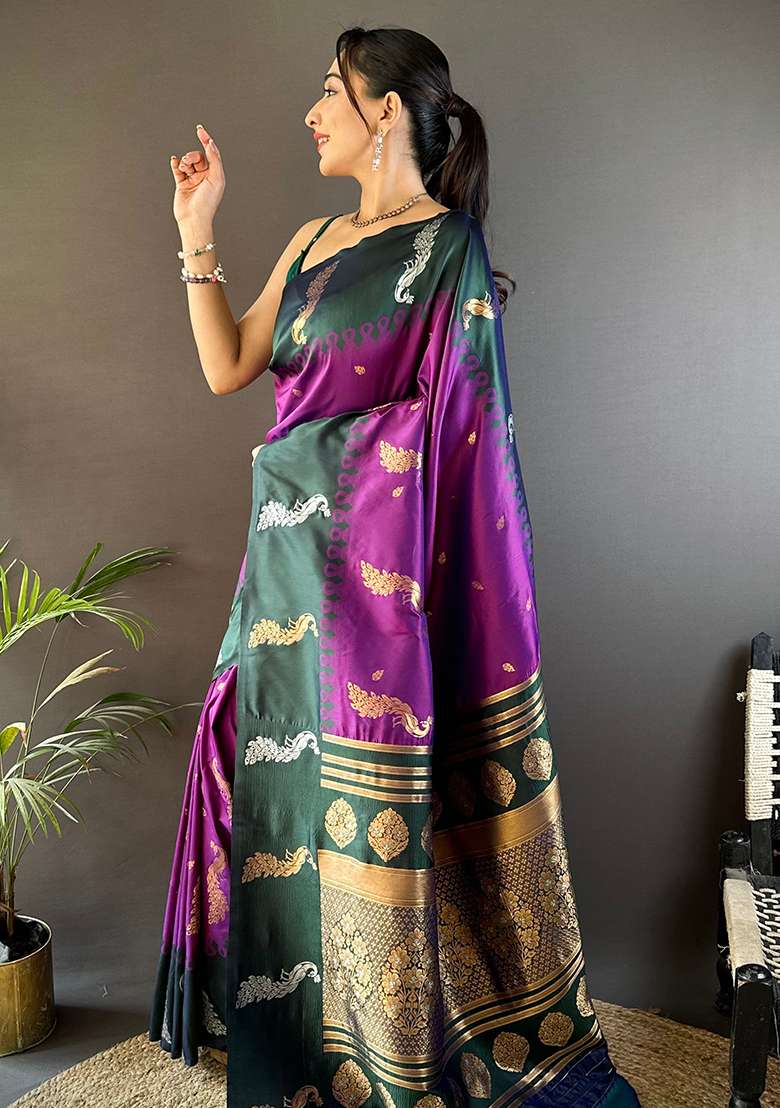 Green Embroidered Silk Blend Saree Set for Diwali and Festive Wear - Indya