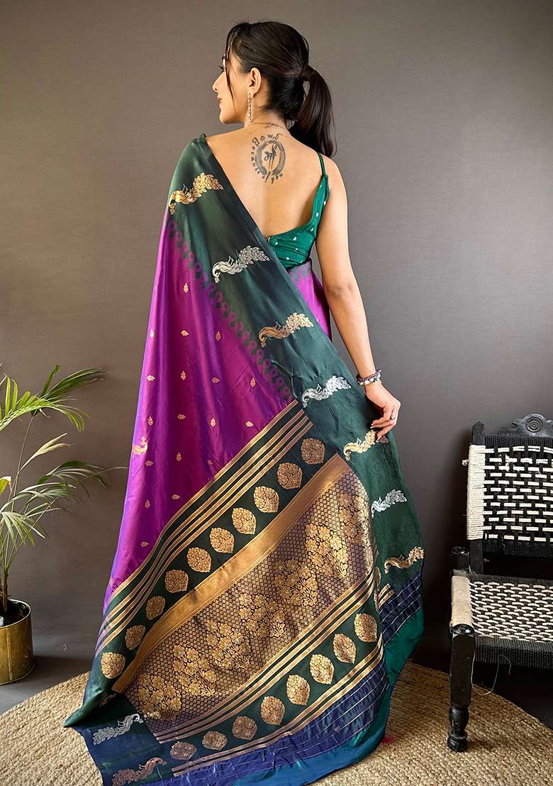 Green Embroidered Silk Blend Saree Set for Diwali and Festive Wear - Indya
