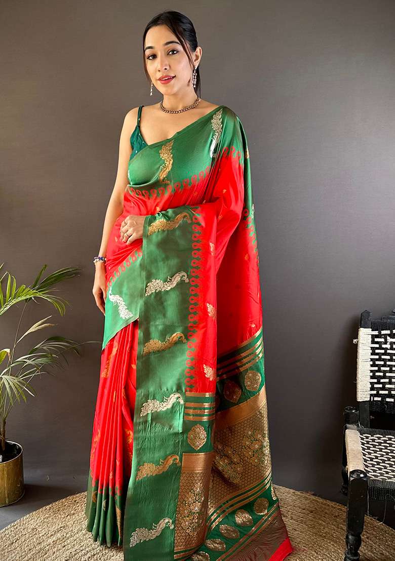 Green Embroidered Silk Blend Saree Set for Diwali and Festive Wear - Indya