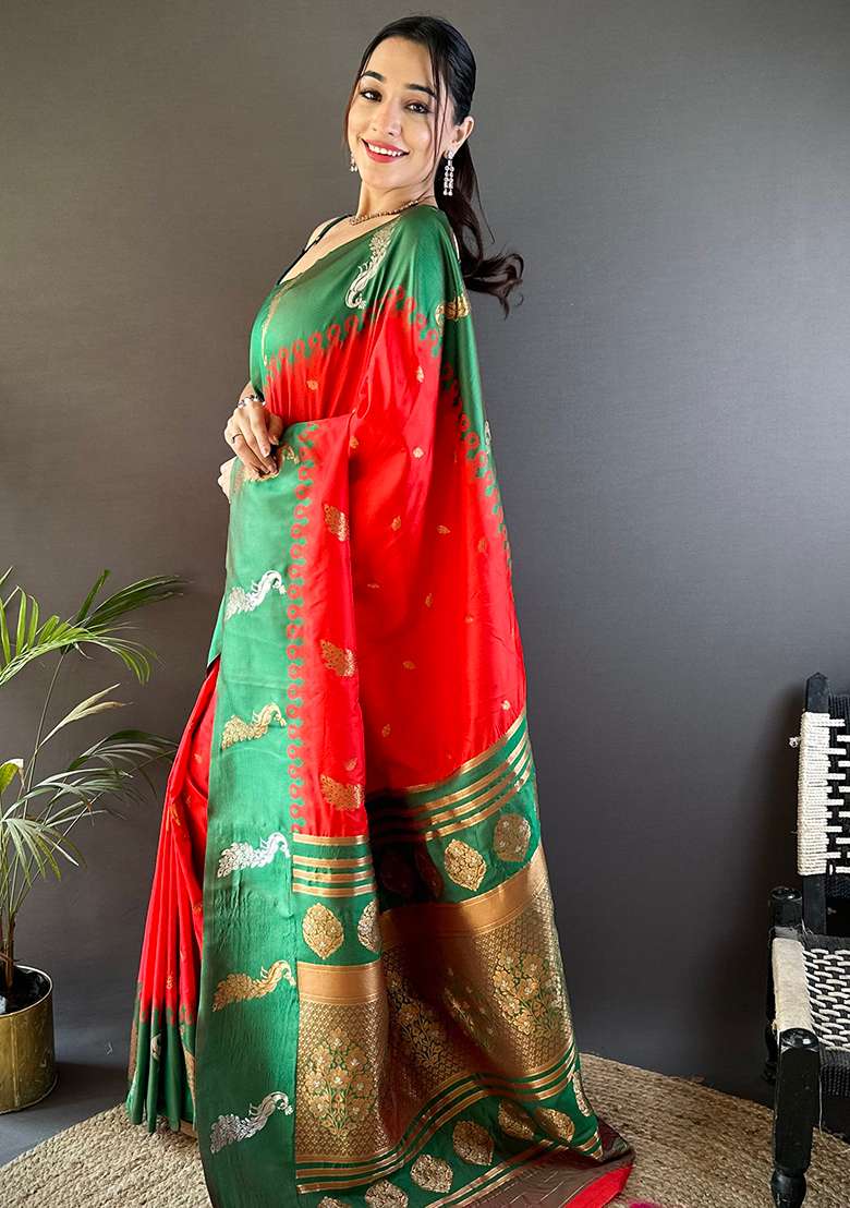 Green Embroidered Silk Blend Saree Set for Diwali and Festive Wear - Indya