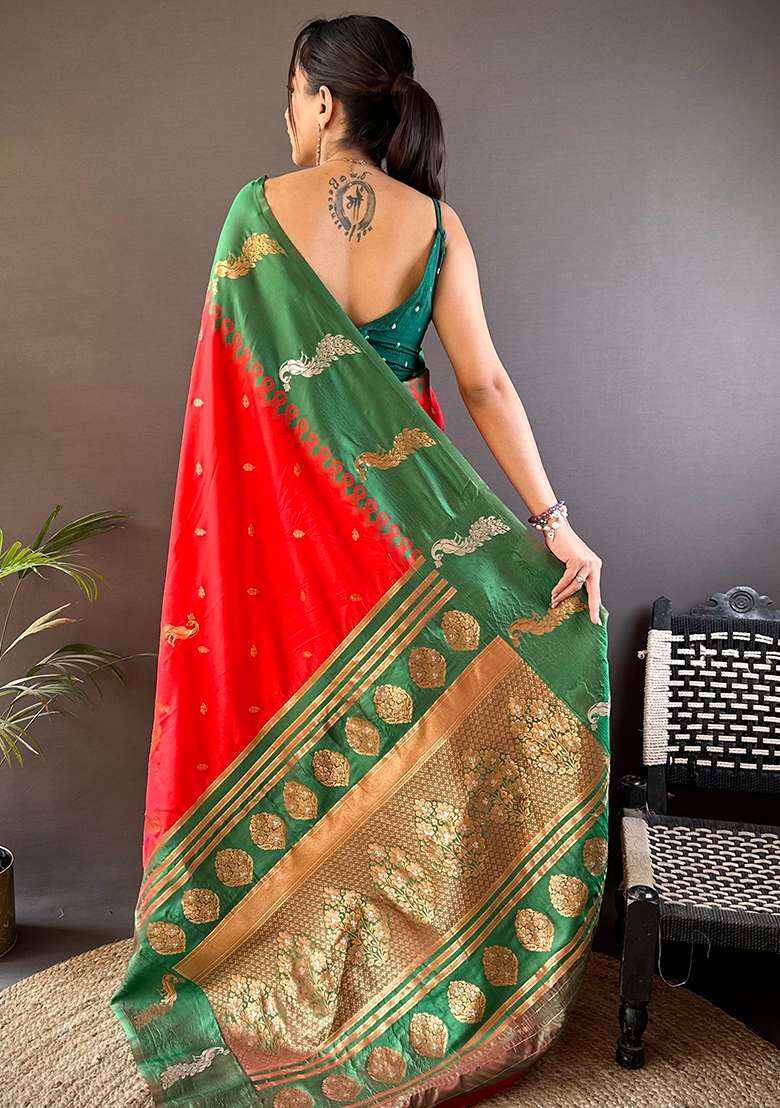 Green Embroidered Silk Blend Saree Set for Diwali and Festive Wear - Indya