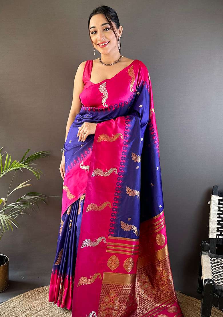 Pink Embroidered Silk Blend Saree Set for Diwali and Festive Wear - Indya