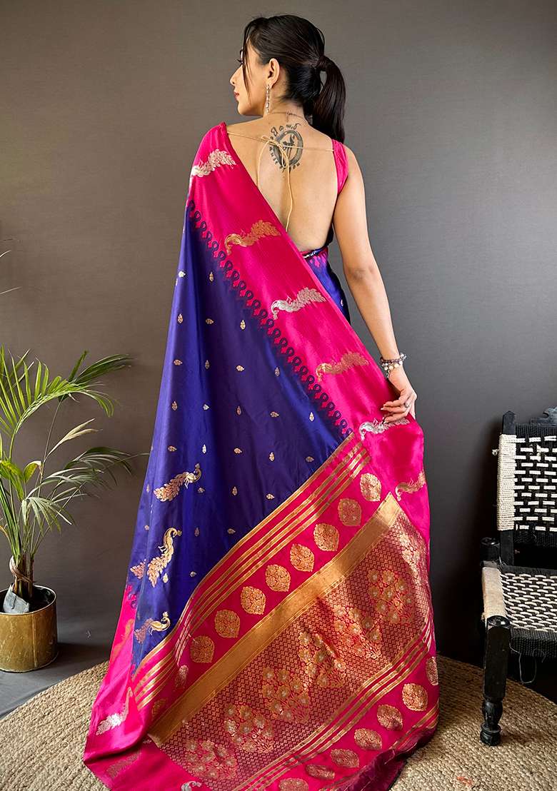 Pink Embroidered Silk Blend Saree Set for Diwali and Festive Wear - Indya