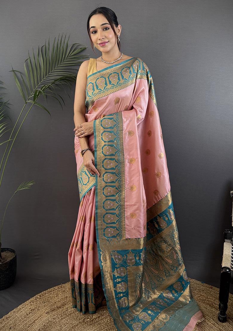 Teal Embroidered Silk Saree Set