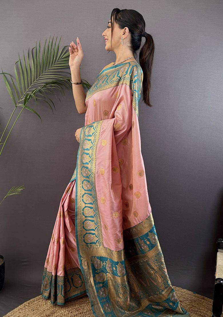 Teal Embroidered Silk Saree Set