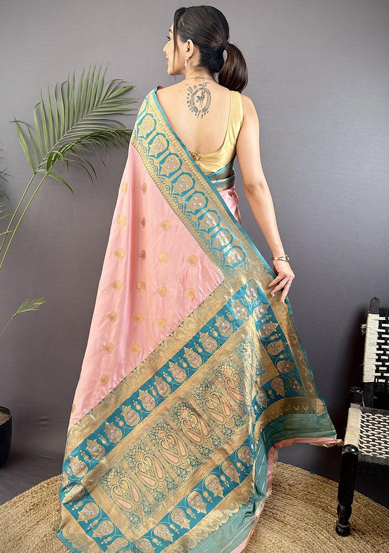 Teal Embroidered Silk Saree Set