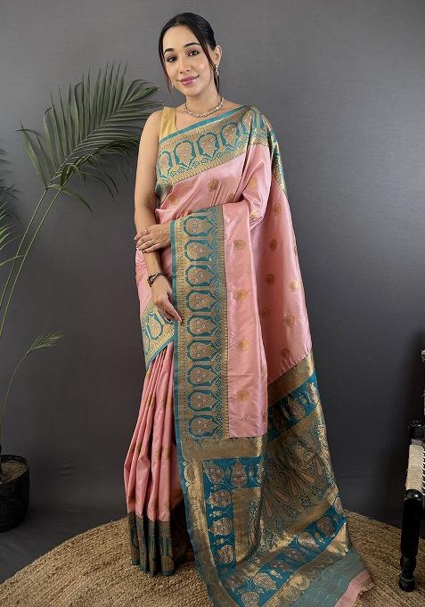 Teal Embroidered Silk Saree Set