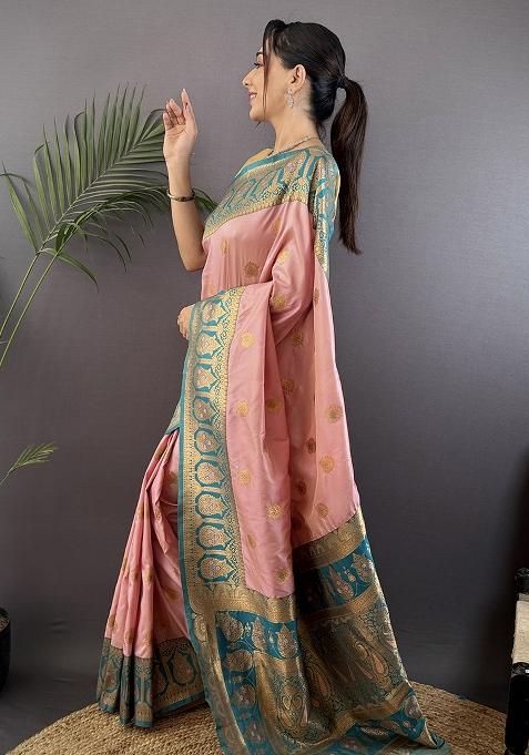 Teal Embroidered Silk Saree Set