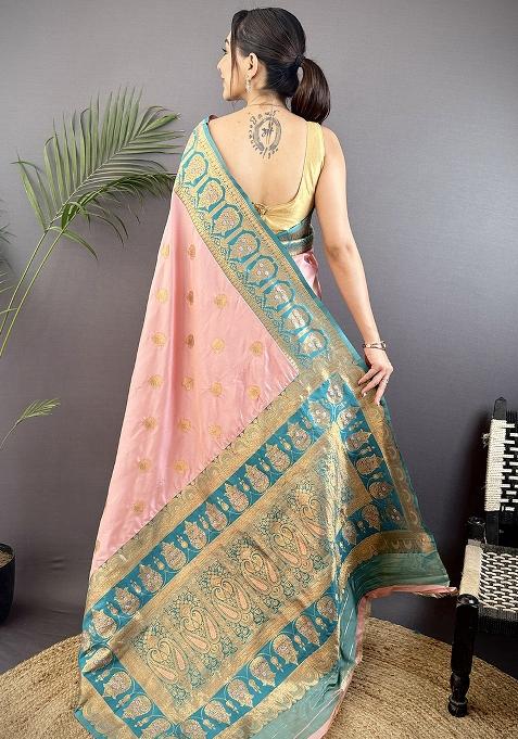 Teal Embroidered Silk Saree Set