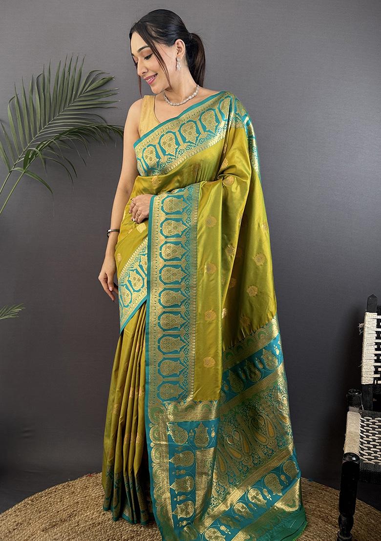 Teal Embroidered Silk Saree Set