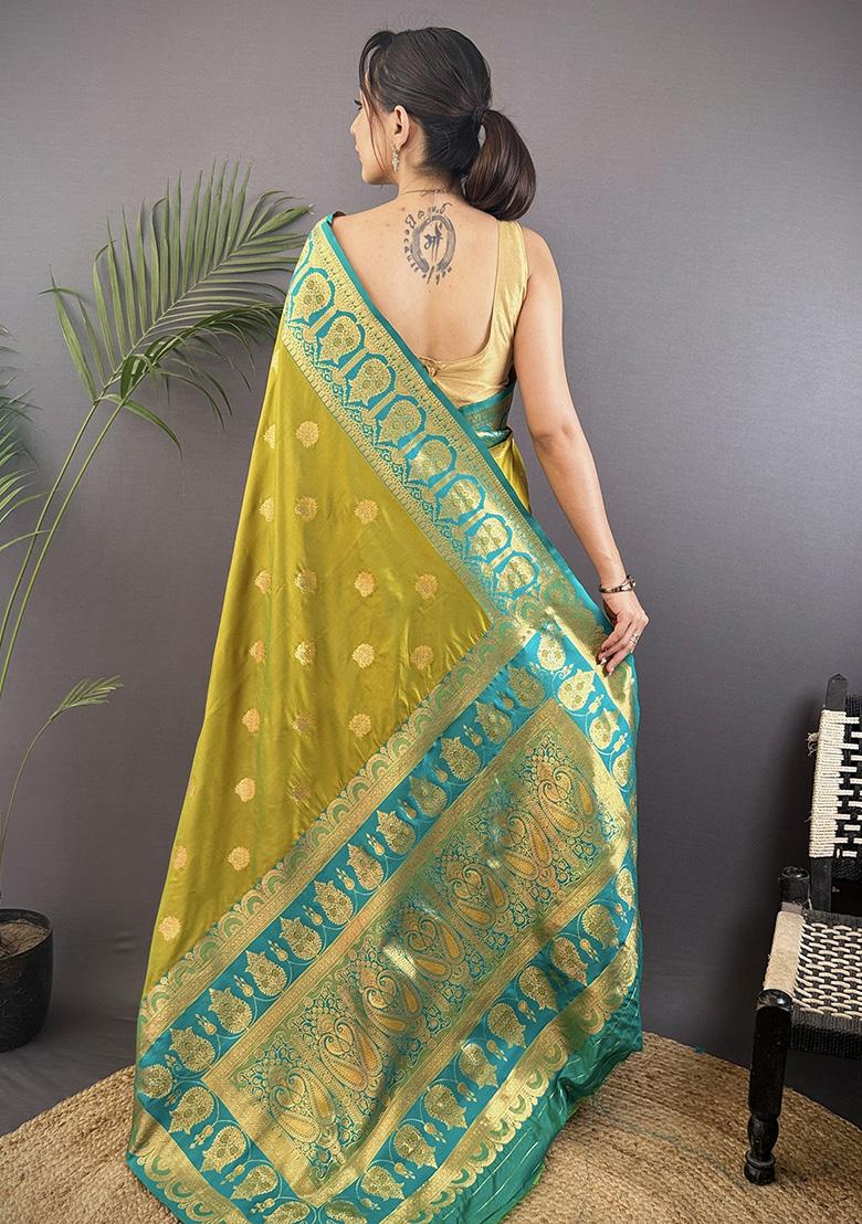 Teal Embroidered Silk Saree Set
