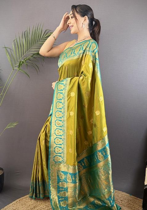 Teal Embroidered Silk Saree Set