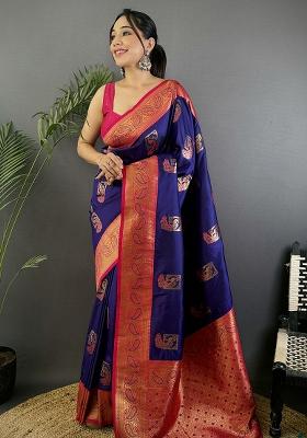 Maroon Embroidered Silk Saree Set