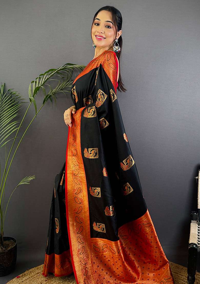 Maroon Embroidered Silk Blend Saree Set - Indya