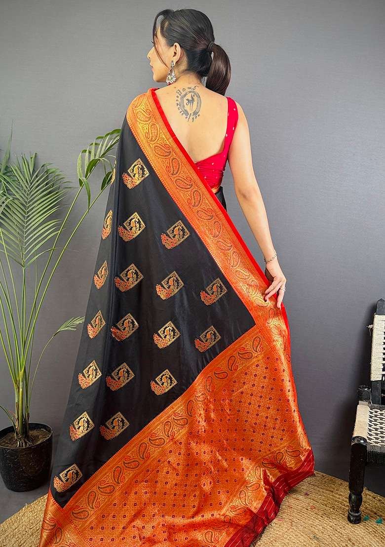 Maroon Embroidered Silk Blend Saree Set - Indya