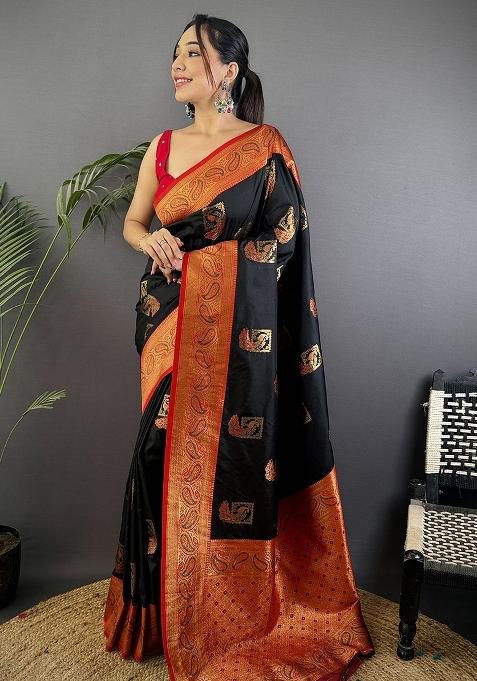 Maroon Embroidered Silk Saree Set