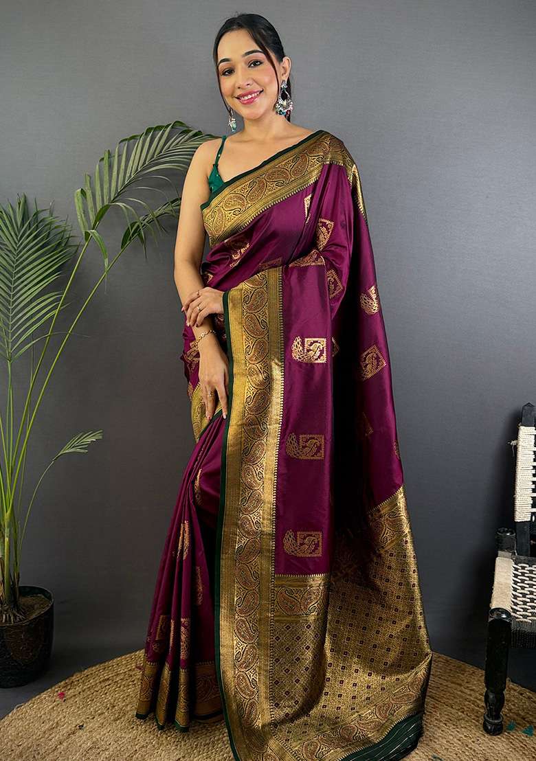 Black Embroidered Silk Saree Set - Indya