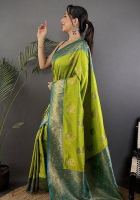 Teal Embroidered Silk Saree Set