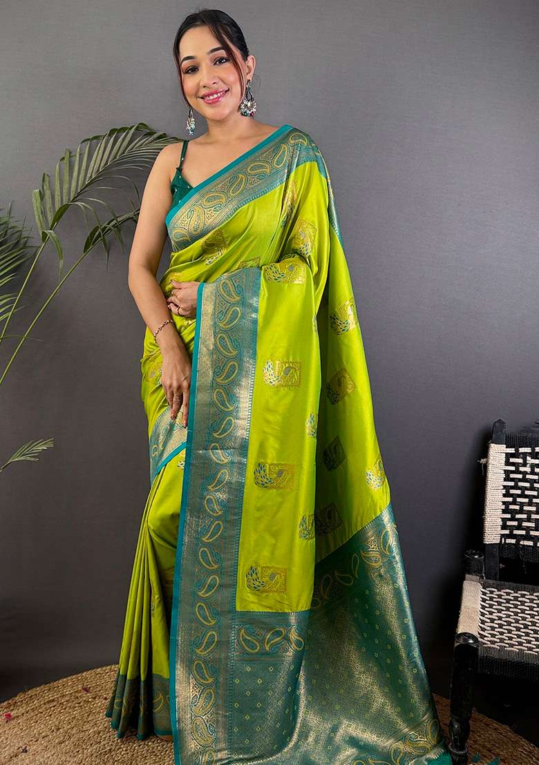 Teal Embroidered Silk Blend Saree Set for Diwali and Festive Wear - Indya