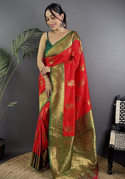 Green Embroidered Silk Saree Set