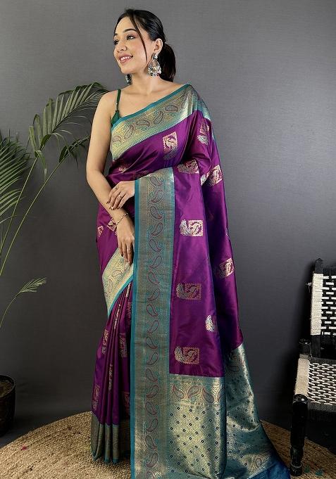 Blue Embroidered Silk Saree Set