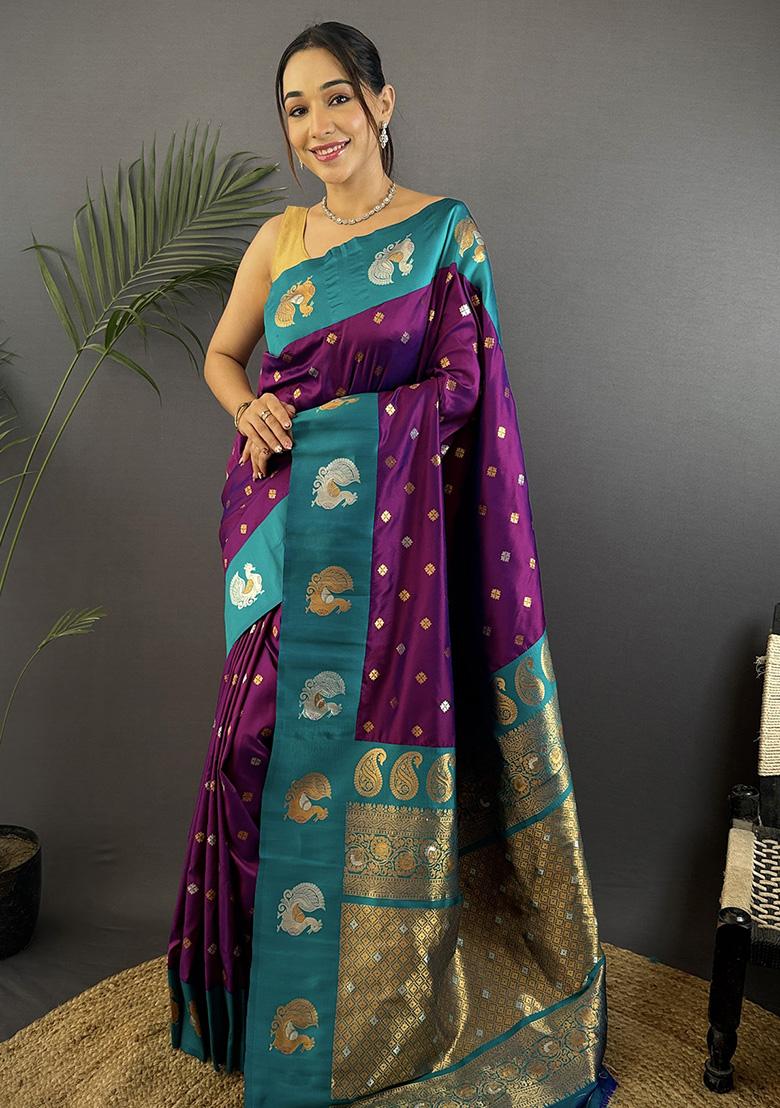 Royal Blue Embroidered Silk Saree Set